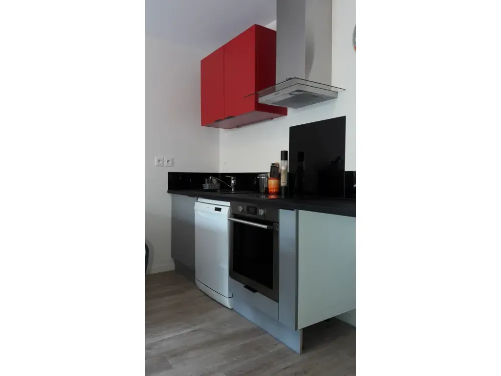 lineaire-cuisson---evier--facade-basse-melamine-gris-cendre---meuble-haut-rouge-cerise-large